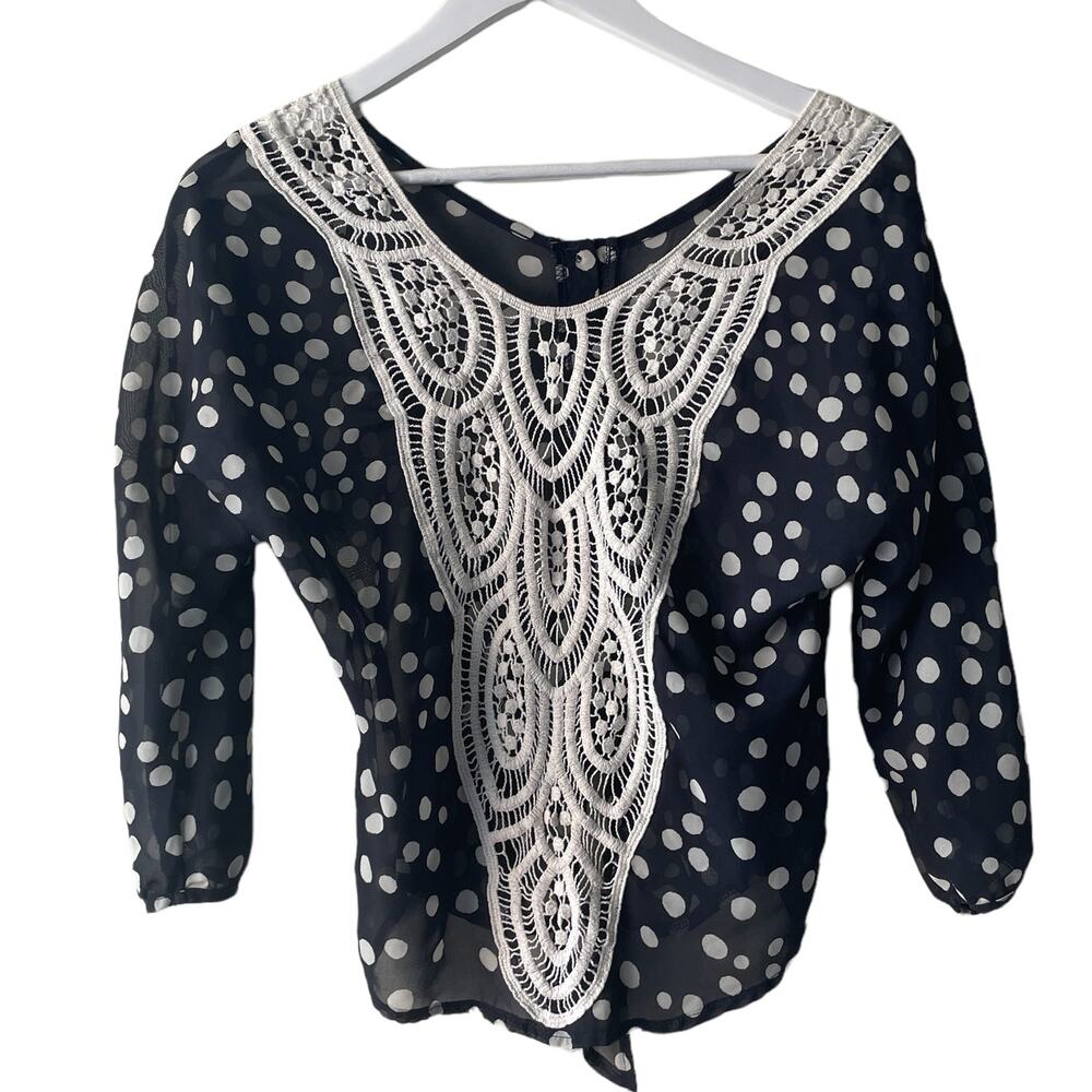Charlotte Ruse Black & White Polka Dotted Chiffon Lace Front Button Down Blouse